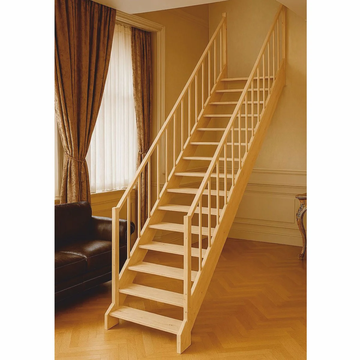 Luxury wooden stairs with railings on both sides in natural color H. 307 cm