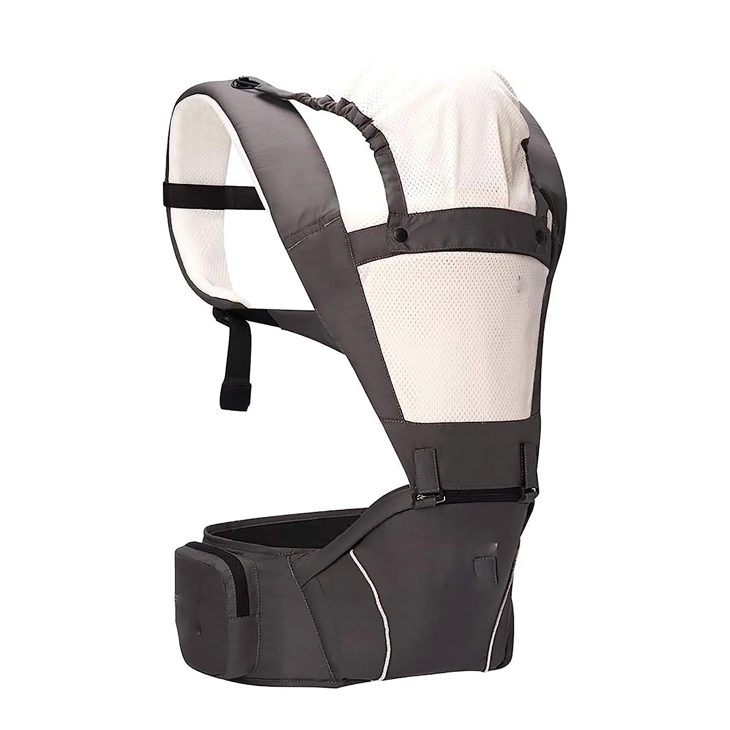 Babytrage für Neugeborene bis Kleinkinder, Baby-Hüfttrage mit Kopfhaube, Taillenverlängerung und 3 Beißpolstern (grau)