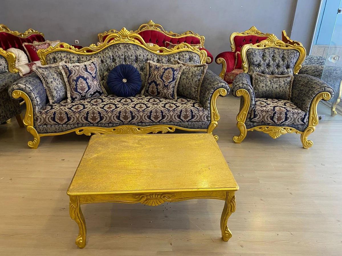 Luxury baroque sofa dark blue / beige / gold - magnificent living room sofa with elegant pattern and glittering stones - living room furniture - baroque furniture - noble & magnificent