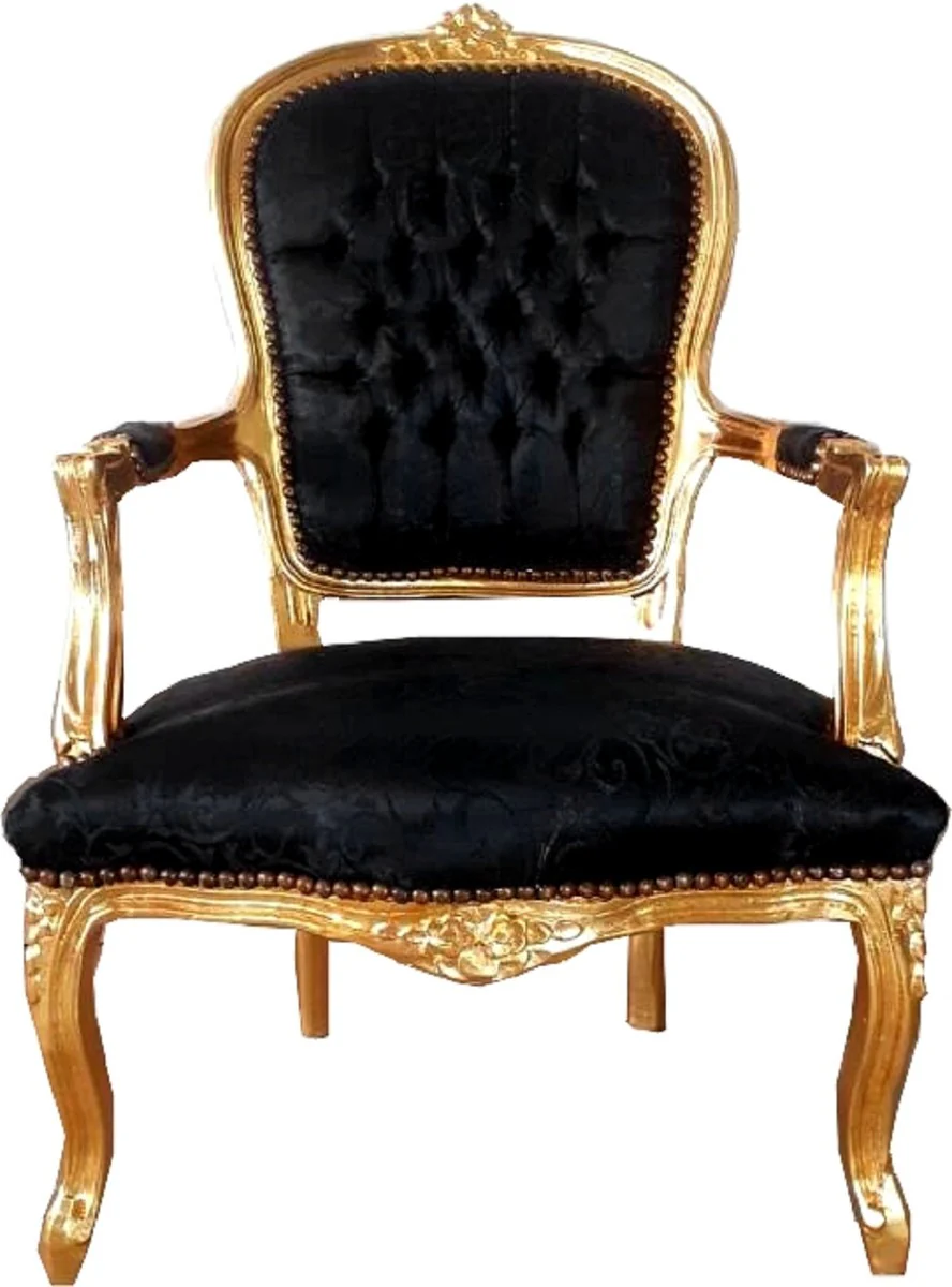 Baroque salon chair black pattern / gold 60 x 50 x H. 93 cm - handmade antique style chair with elegant satin fabric - furniture in the baroque style