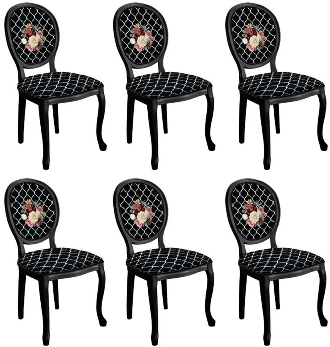 Baroque Dining Room Chair Set Black / White / Multicolored - 6 Handmade Kitchen Chairs in Baroque Style - Baroque Dining Room Furniture