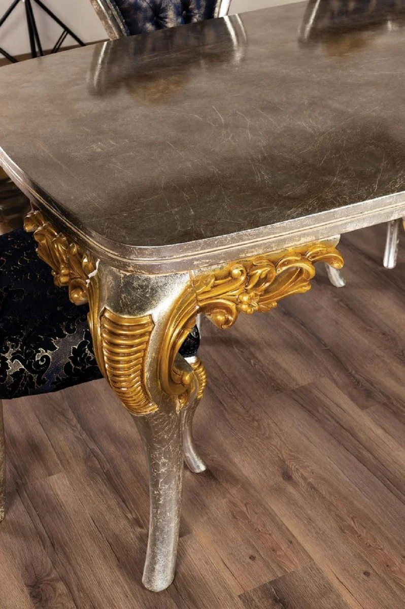 Luxury Baroque dining table silver / gold - Handcrafted solid wood dining room table in Baroque style - Magnificent Baroque dining room furniture