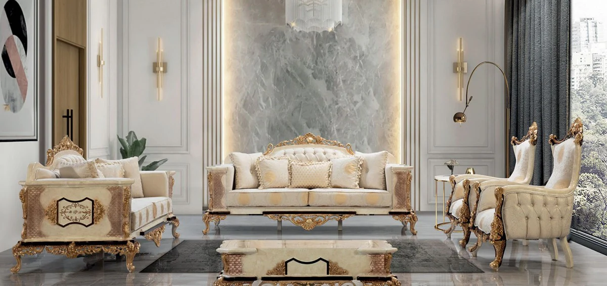 Luxus Barock Wohnzimmer Set Weiß / Beige / Gold - 2 Barock Sofas & 2 Barock Sessel & 1 Barock Couchtisch - Luxus Wohnzimmer Möbel im Barockstil - Barock Möbel - Edel & Prunkvoll