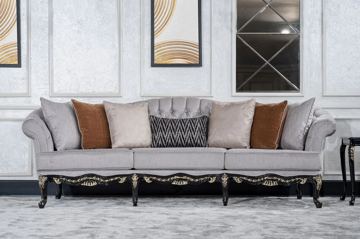 Luxury Baroque Living Room Sofa Gray / Black / Gold - Handmade Baroque Style Sofa with Decorative Pillows - Luxury Living Room Furniture in Baroque Style - Baroque Furniture - Noble & Magnificent