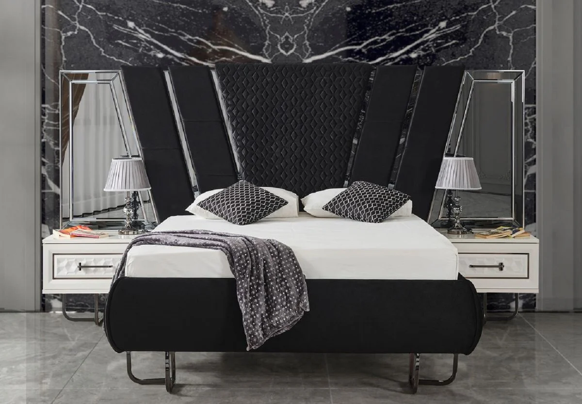 Luxury Art Deco Bedroom Set Black / White / Bronze - 1 Double Bed with Headboard & 2 Nightstands - Art Deco Bedroom Furniture - Luxury Bedroom Furniture - Luxury Furnishings