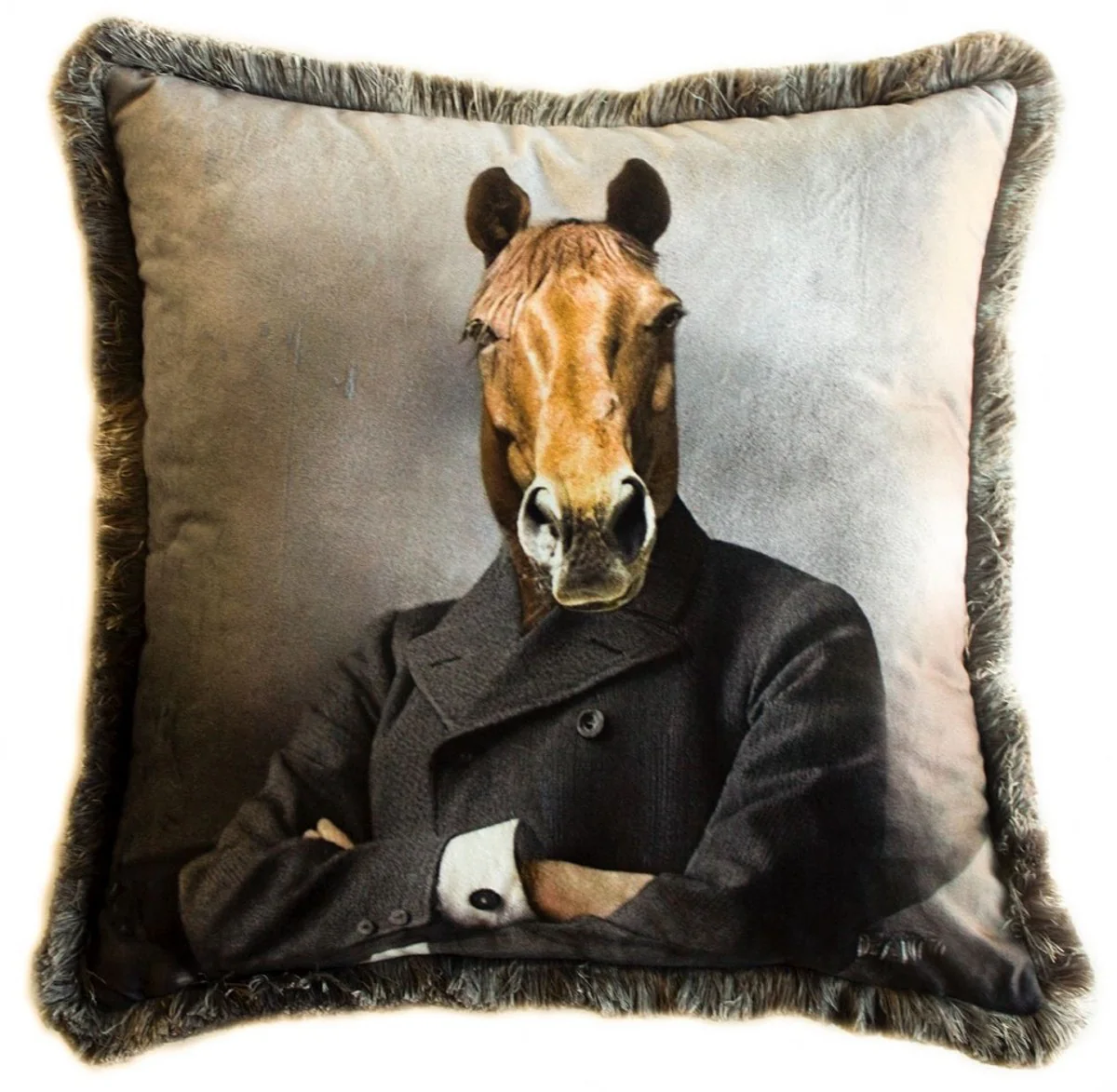 Luxury decorative cushion gentleman horse multicolored 45 x 45 cm - printed velvet cushion with fringes - luxury decorative accessories