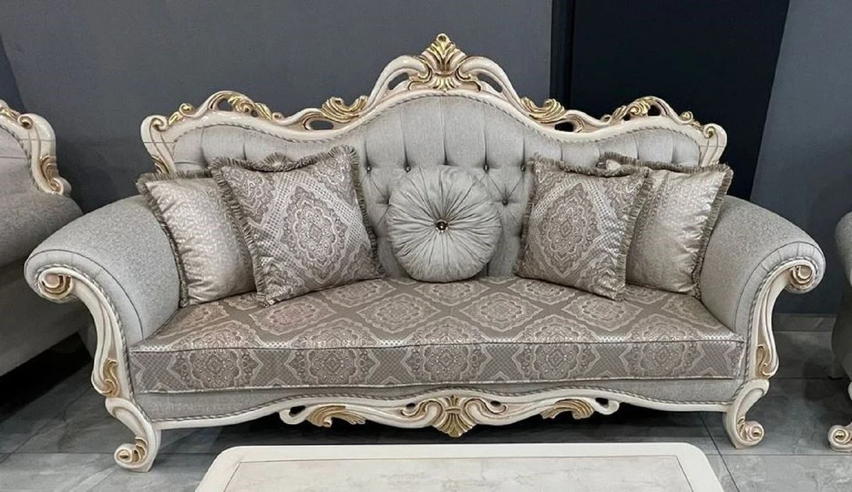 Luxus Barock Wohnzimmer Möbel Set Grau / Weiß / Gold - 2 Barock Sofas & 2 Barock Sessel & 1 Barock Couchtisch - Luxus Wohnzimmer Möbel im Barockstil - Prunkvolle Barock Möbel