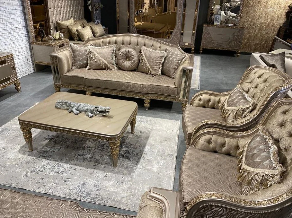 Luxury Baroque Living Room Set Gold / Gray / Gold - 2 Baroque Sofas & 2 Baroque Armchairs & 1 Baroque Coffee Table - Luxury Living Room Furniture in Baroque Style - Baroque Furniture - Noble & Magnificent