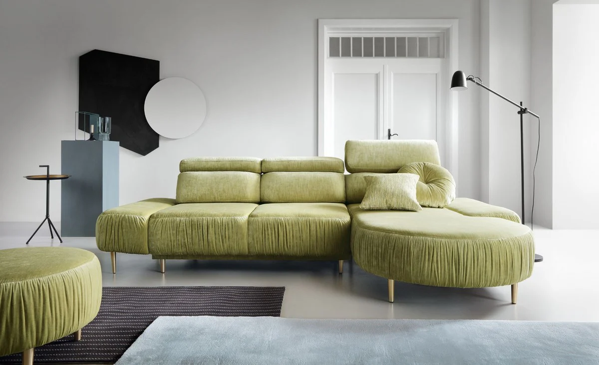 Luxury corner sofa green / brass 294 x 105-182 x H. 83-97 cm - Living room sofa with 3 adjustable headrests and electrically adjustable seat - Luxury living room furniture