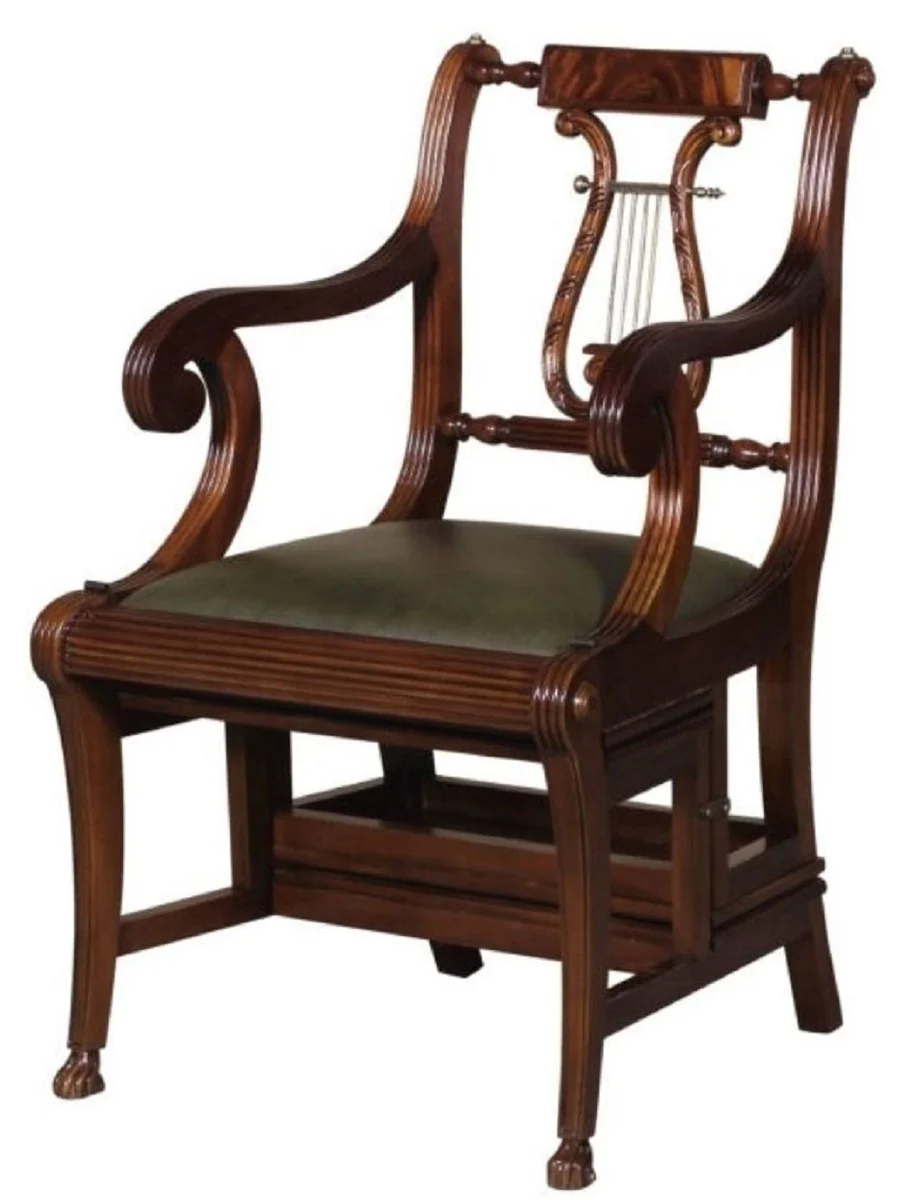 Baroque ladder chair with real leather dark brown / green 61.3 x 59.1 x H. 87.8 cm - mahogany chair with armrests - baroque furniture