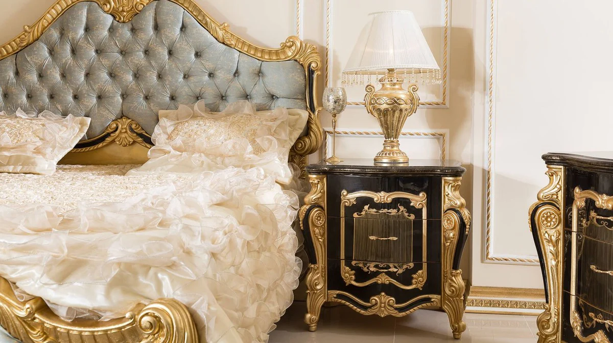Luxury baroque bedroom set light blue / black / gold - 1 double bed with headboard & 2 nightstands - bedroom furniture in baroque style - noble and magnificent
