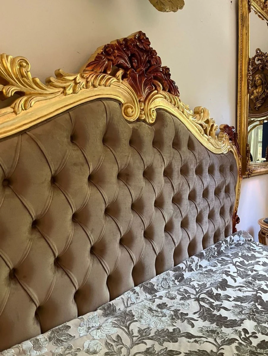 Luxury baroque double bed with mattress gray / gold / brown - magnificent solid wood bed - luxury bedroom furniture in baroque style - baroque furniture - noble & magnificent