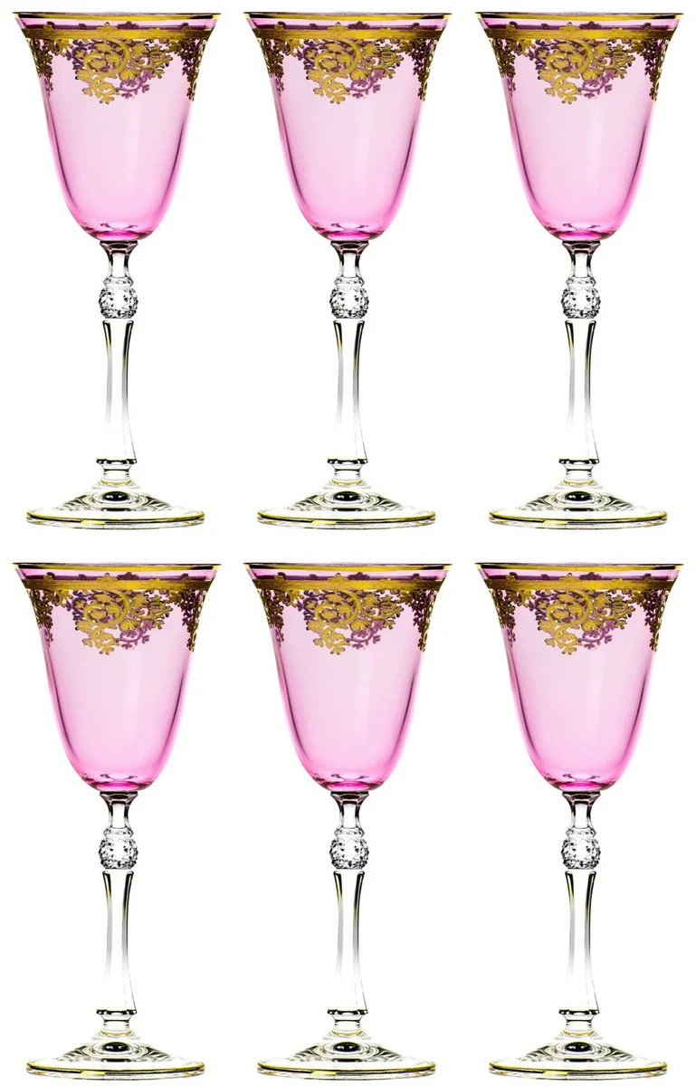 Luxury Baroque wine glass set of 6 pink / gold Ø 9 x H. 21.5 cm - Handmade engraved and hand-painted wine glasses - Hotel & Restaurant Accessories - Luxury quality