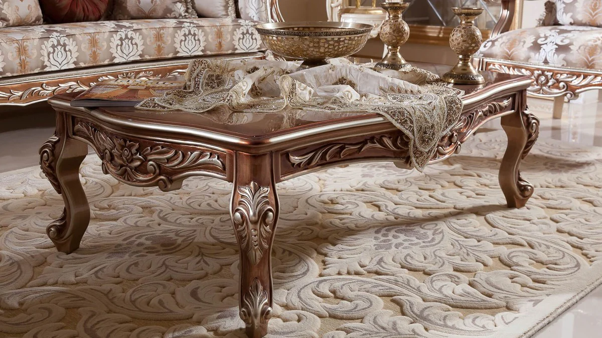 Luxury Baroque Living Room Set Gray / Copper / Silver - 2 Baroque Sofas & 2 Baroque Armchairs & 1 Baroque Coffee Table - Luxury Living Room Furniture in Baroque Style - Baroque Furniture - Baroque Furnishings