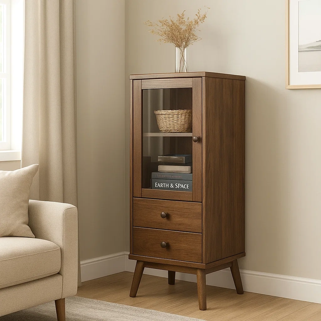 Vitrine mit Glastür und 2 Schubladen, MDF-Platte, dunkelwalnussfarben, freistehend, für Wohn- oder Esszimmer, 60 x 35 x 135 cm - tyBcLC2LD851