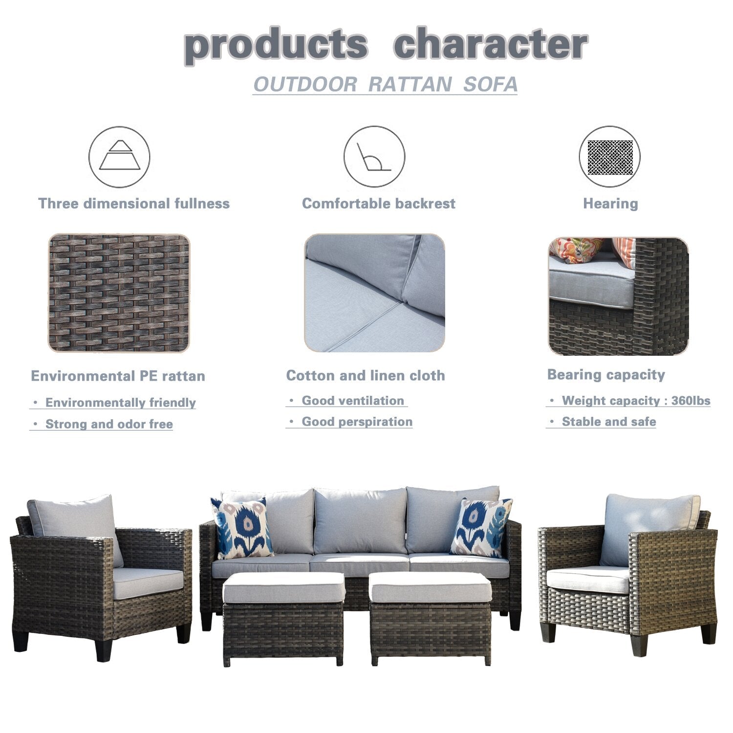 Dron Wicker/Rattan 5 - Person Sitzgruppe mit Kissen