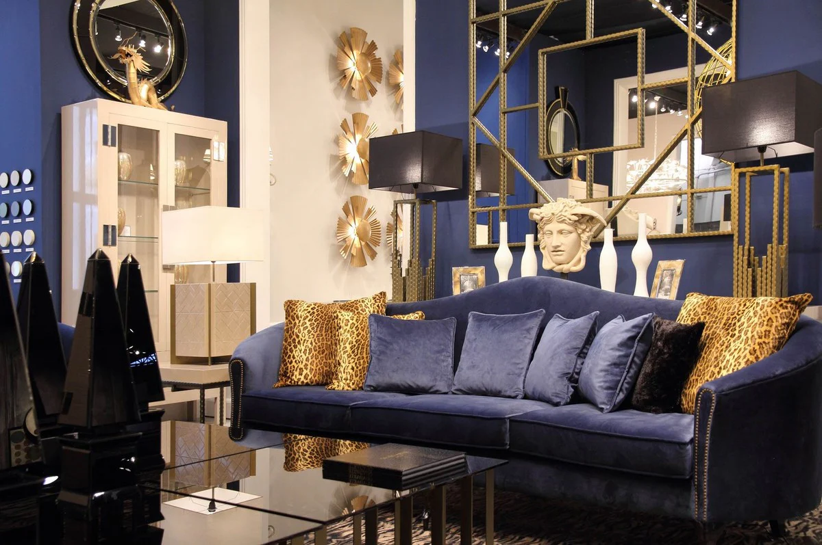 Luxury baroque velvet sofa blue / dark brown 280 x 90 x H. 100 cm - Noble living room sofa with decorative pillows - Baroque living room furniture - Luxury quality