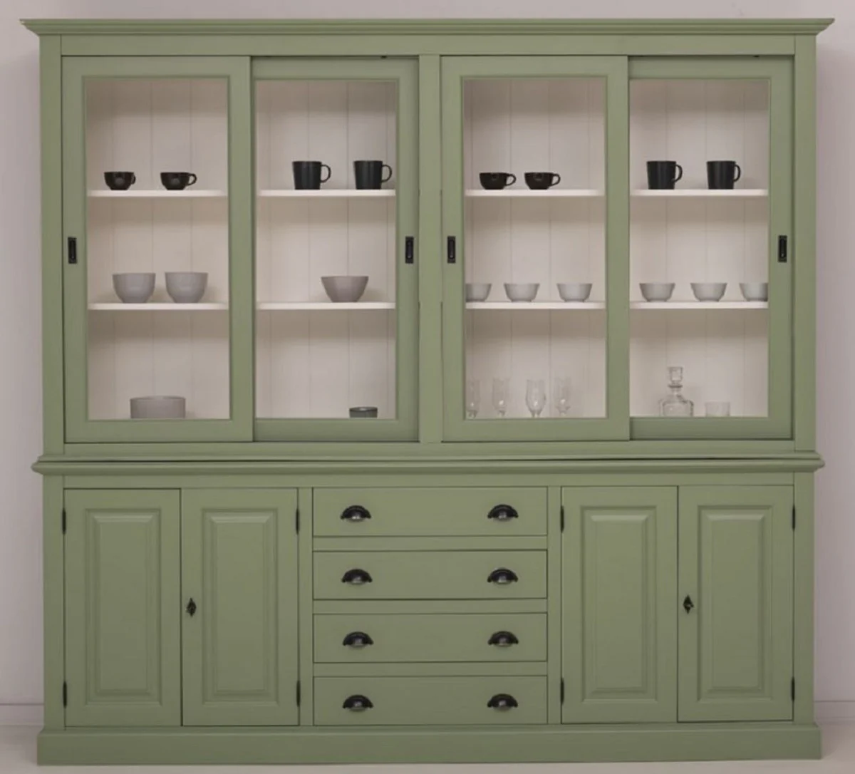 Country house style dining room cabinet green / white 240 x 47 x H. 220 cm - solid wood kitchen cabinet - dining room furniture in country house style - country house style dining room furnishings