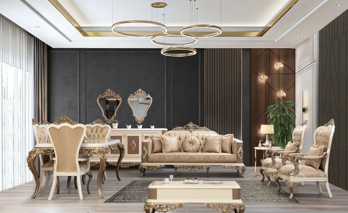 Luxury Baroque Dining Table White / Brown / Gold - Elegant Solid Wood Dining Room Table - Baroque Dining Room Furniture - Noble & Magnificent