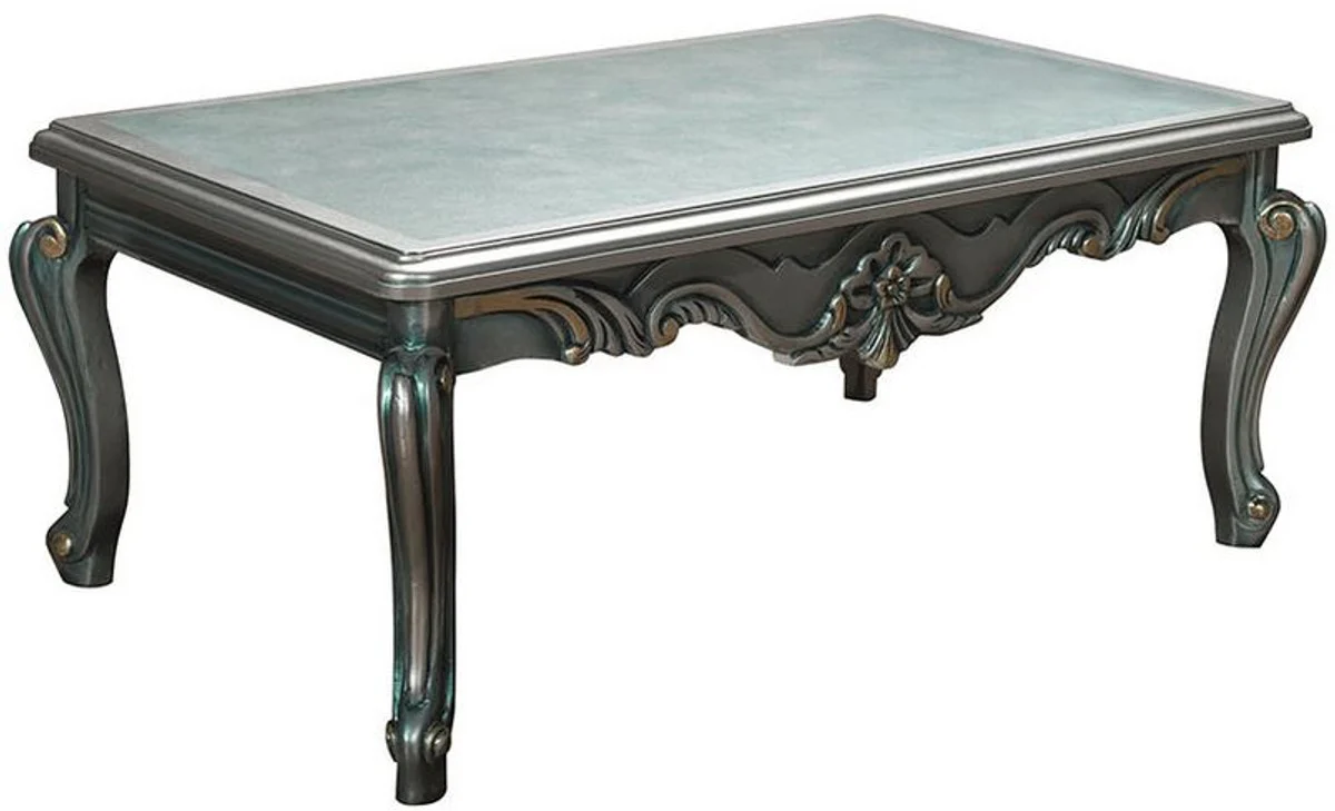 Luxury baroque coffee table gray / green / gold 113 x 70 x H. 50 cm - Rectangular solid wood living room table with glass top