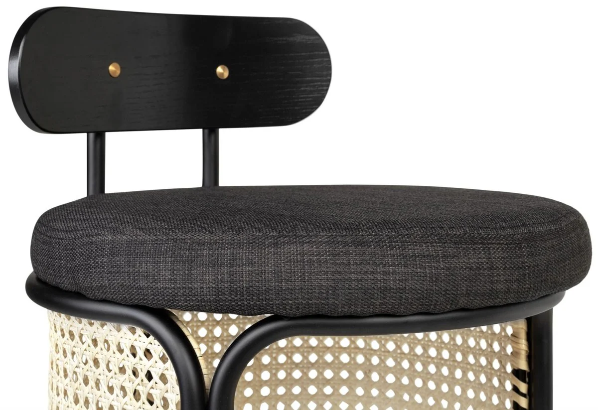 Designer bar chair with backrest black / natural color Ø 40.5 x H. 90 cm - Round padded bar stool with elegant rattan weave and powder-coated steel frame