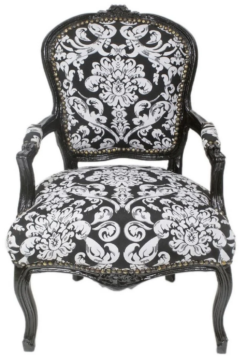 Baroque salon chair with armrests and elegant pattern black / white 60 x 60 x H. 95 cm - handmade antique style chair - furniture in the baroque style