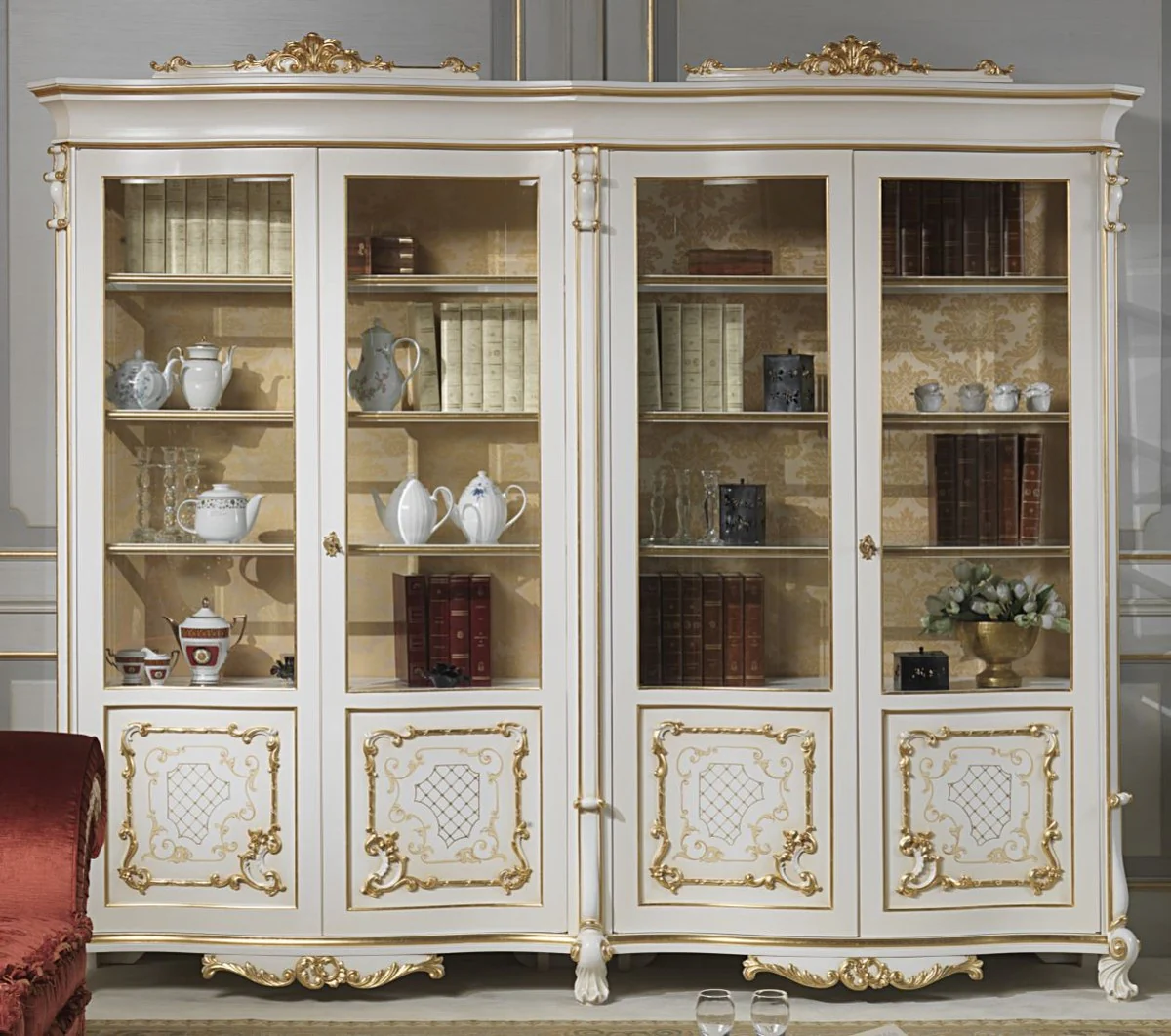 Luxury baroque display cabinet white / cream / beige / gold 276 x 60 x H. 230 cm - noble solid wood display cabinet with 4 doors - baroque living room furniture - luxury quality