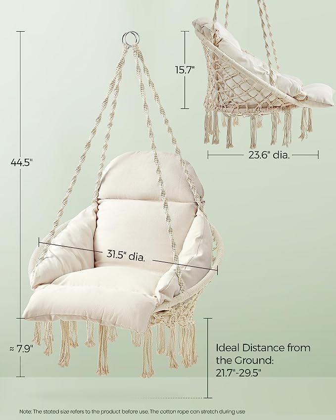 SONGMICS Hammock Chair, Hanging Chair with Large Thick Cushion, Boho Swing Chair for Bedroom, Patio, Balcony, Garden, Living Room, Holds up to 264lb, Cloud White UGDC042M01