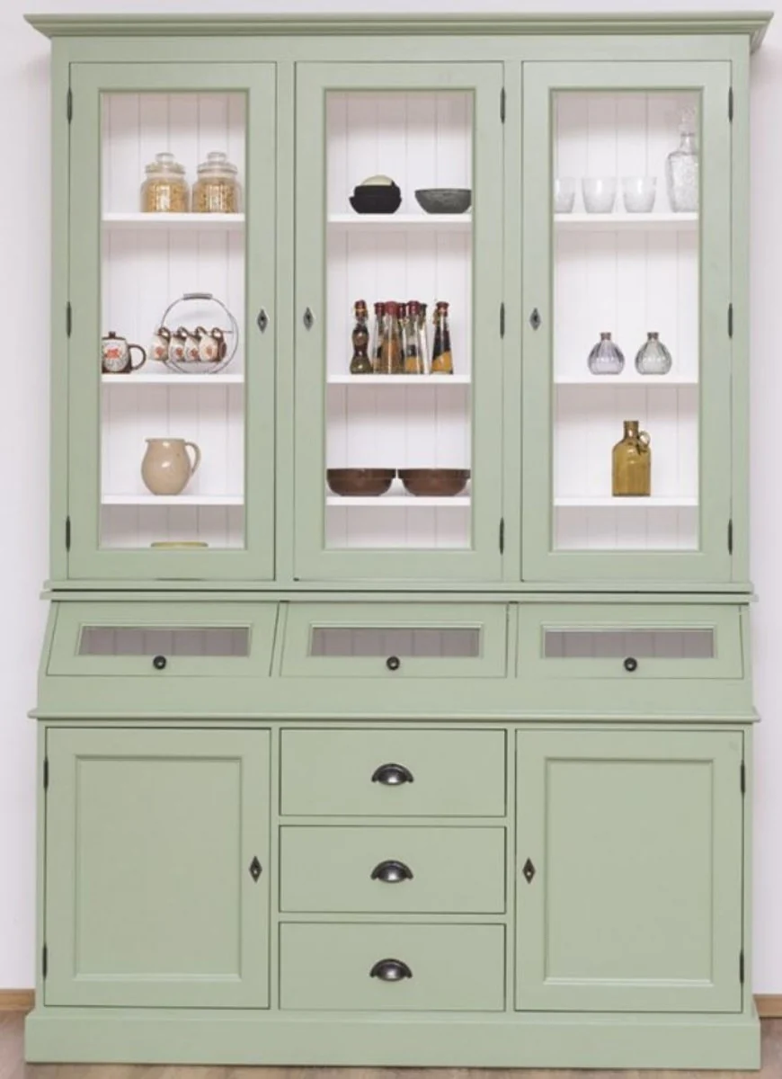 Country house style kitchen cabinet light green / white 164 x 50 x H. 226 cm - 2-piece solid wood dining room cabinet - country house style dining room furniture