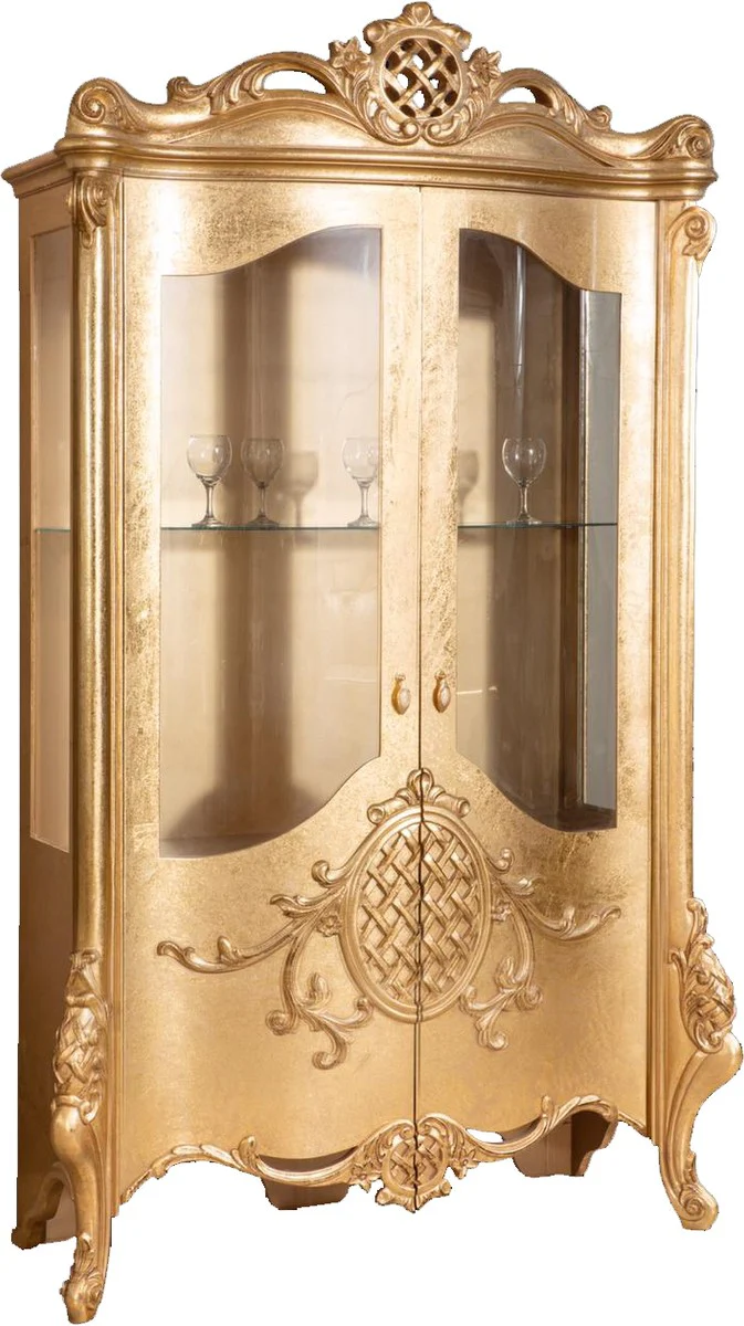 Luxury baroque display cabinet gold 130 x 50 x H. 222 cm - Magnificent baroque display cabinet with 2 doors - living room cabinet - baroque living room furniture
