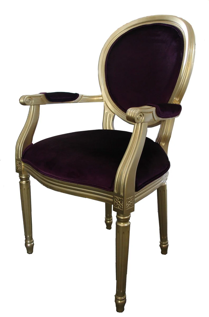 Baroque dining room chair with armrest purple / gold - designer chair - luxury quality