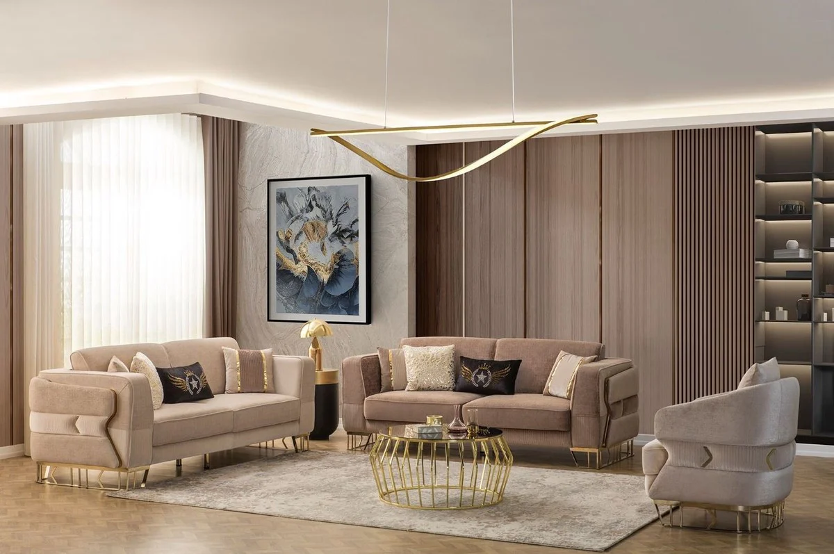 Luxury sofa light brown / gold 230 x 90 x H. 77 cm - living room sofa - hotel sofa - living room furniture - hotel furniture - luxury furniture - living room furnishings - luxury furnishings