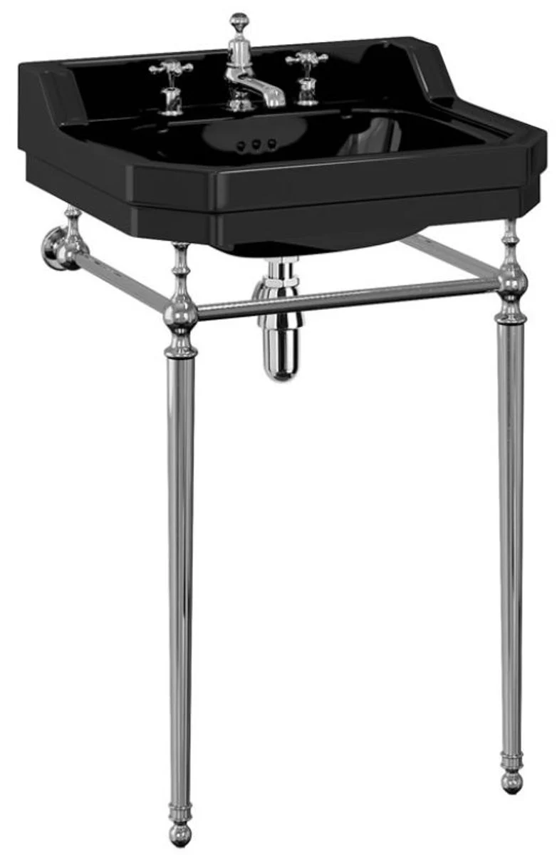 Luxury Art Nouveau washbasin black / silver 56 x 47 x H. 90 cm - Porcelain 3-hole standing washbasin with base frame - Bathroom furniture