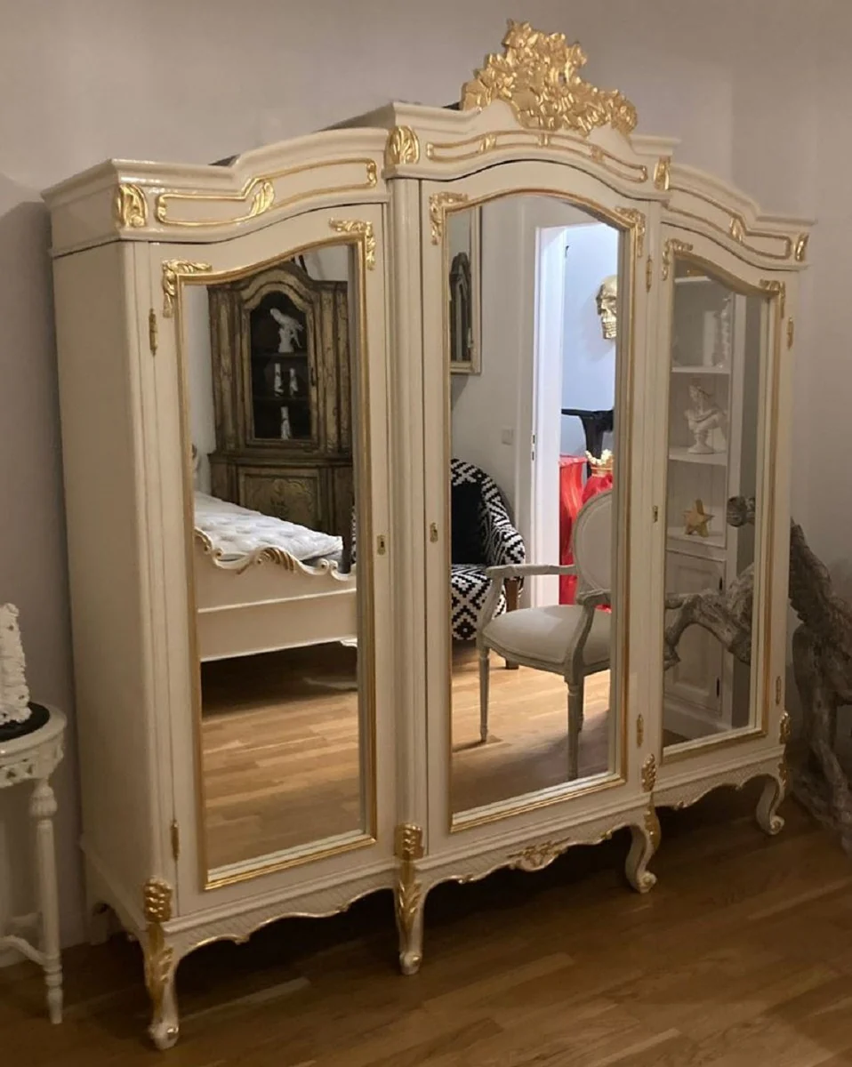 Baroque bedroom wardrobe with 3 mirrored doors cream / gold - Mirrored solid wood wardrobe - Bedroom furniture in the baroque style - Baroque furniture - Noble & magnificent