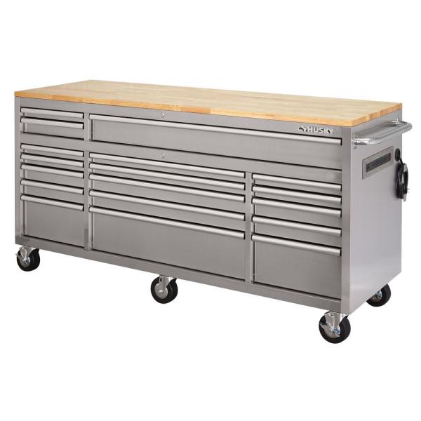 72 IN. 18-DRAWER 24 IN. D MOBILE WORKBENCH MIT SOLI WOOD TOP STAINLESS STEEL