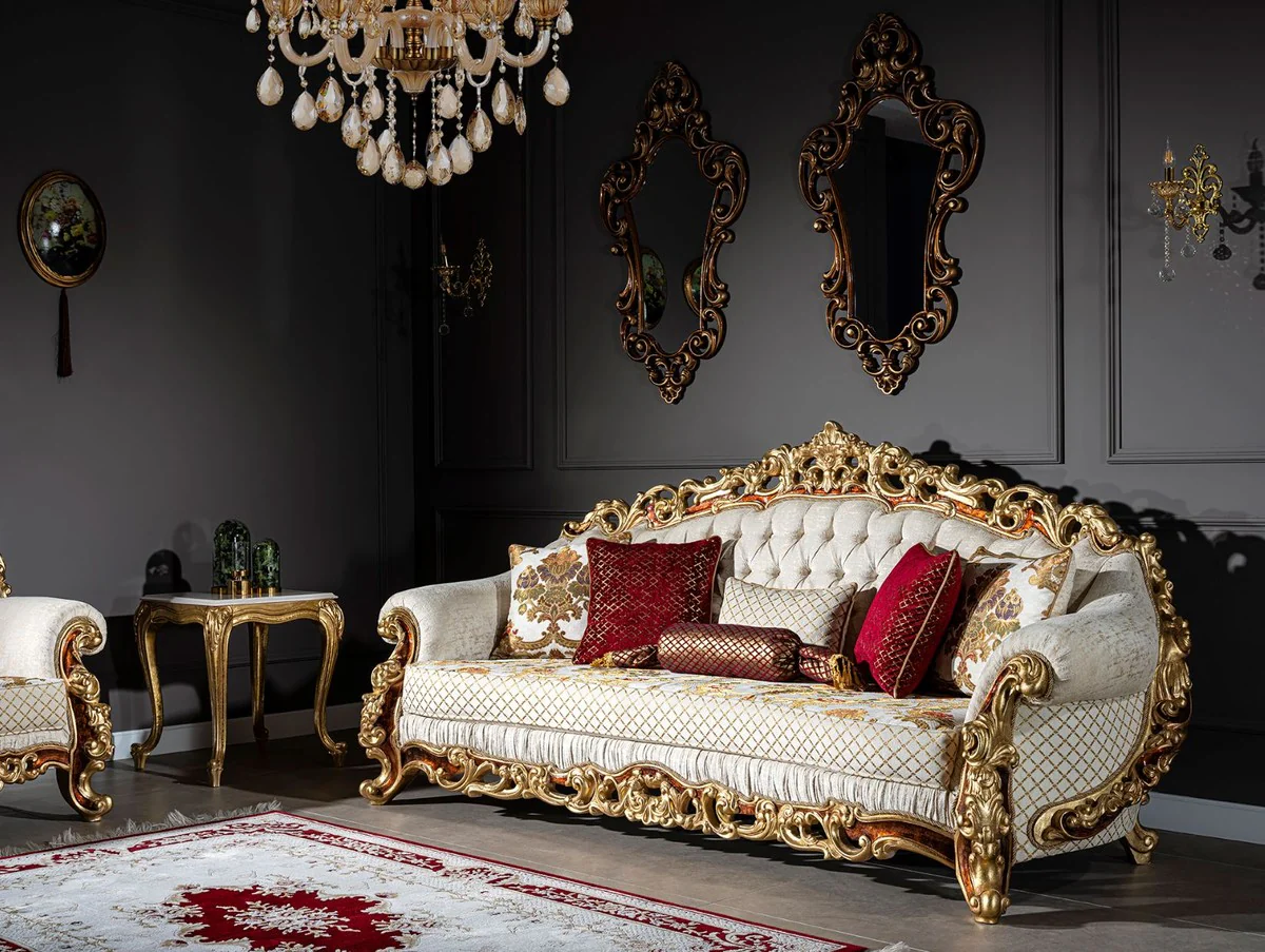 Luxury Baroque Sofa White / Gold / Brown / Gold - Magnificent living room sofa with decorative pillows - Baroque furniture