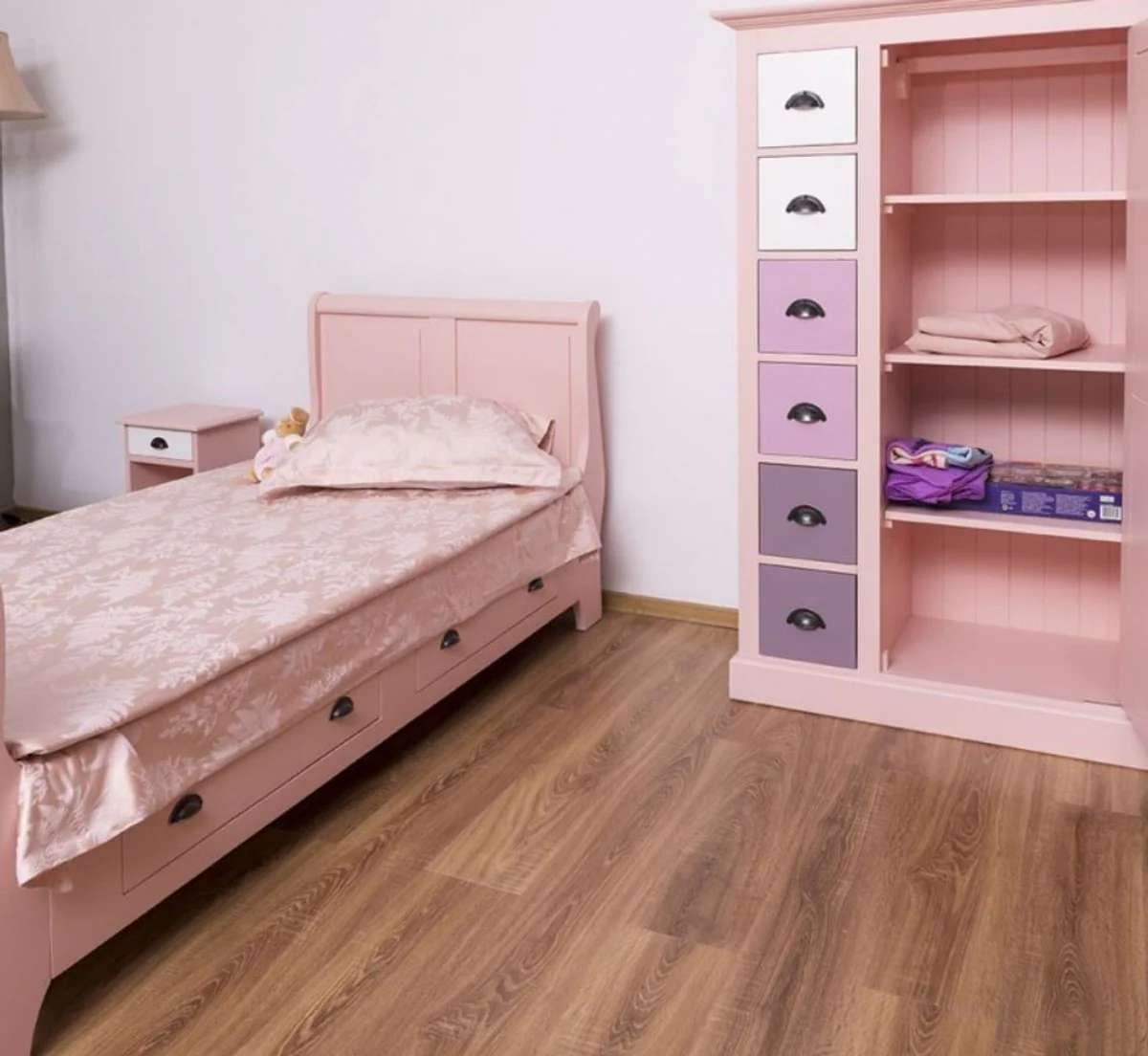Country style solid wood children's room furniture set pink / white / purple - 1 single bed & 1 wardrobe & 1 bedside table - country style furniture