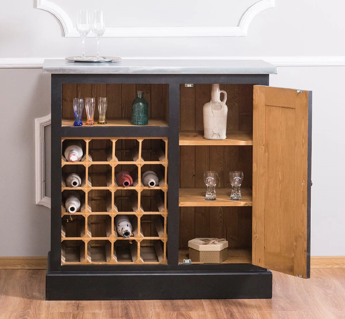 Country house style wine cabinet black / natural / silver 90 x 41 x H. 90 cm - wine cabinet with door and galvanized plate