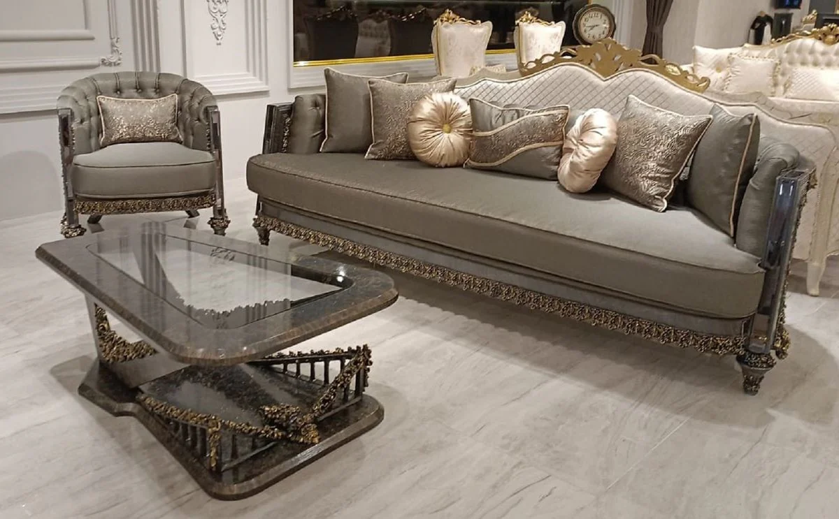 Luxus Barock Wohnzimmer Set Grau / Gold - 2 Barock Sofas & 2 Barock Sessel & 1 Barock Couchtisch mit Glasplatte - Handgefertigte Luxus Wohnzimmer Möbel im Barockstil