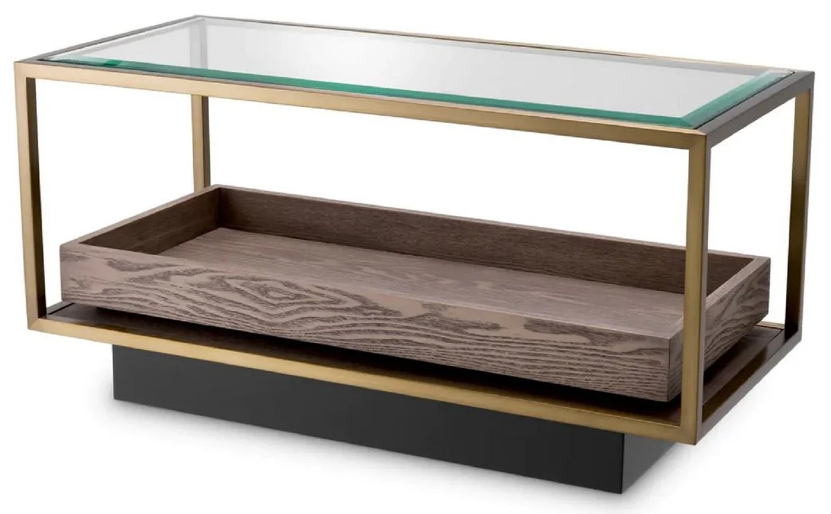 Luxury side table brass / gray / black 90 x 42 x H. 44 cm - Rectangular living room table with glass top - Hotel table - Living room furniture - Hotel furniture - Luxury furniture