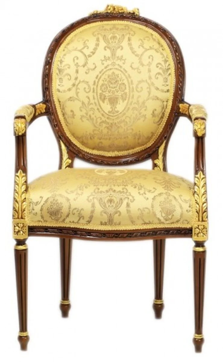 Luxury Baroque Dining Room Chair with Armrests Ludwig XV Gold Pattern / Mahogany Brown - Furniture