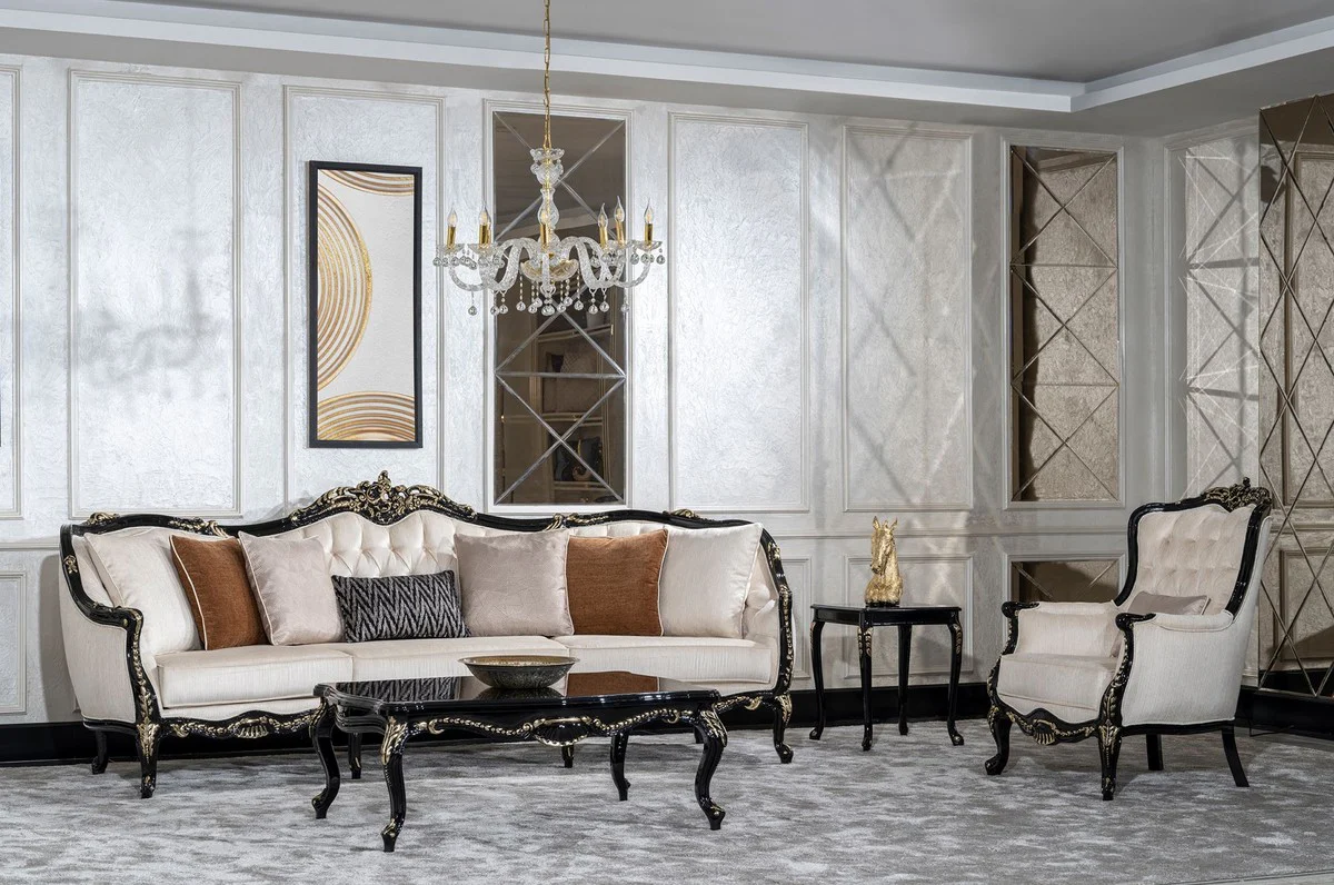 Luxury Baroque Living Room Sofa Cream / Black / Gold - Handmade Baroque Style Sofa with Decorative Cushions - Luxury Living Room Furniture in Baroque Style - Baroque Furniture - Noble & Magnificent