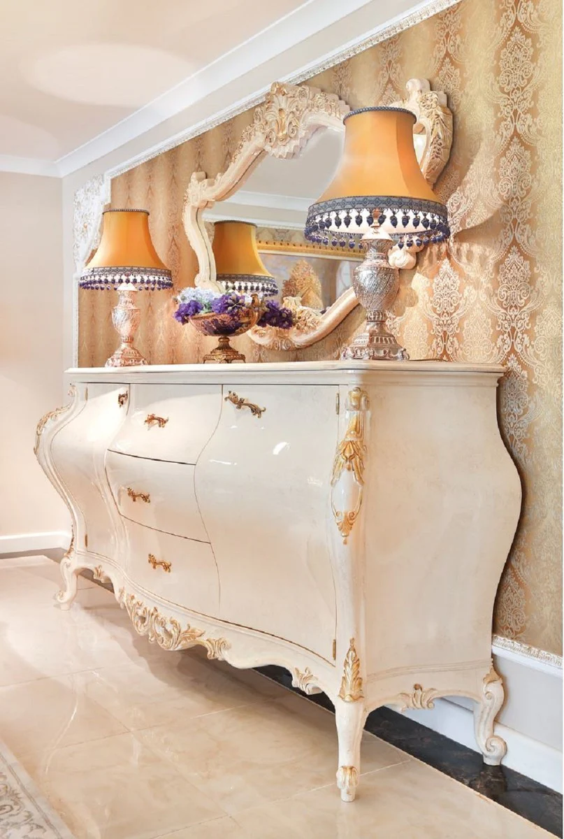 Luxury baroque chest of drawers with wall mirror cream / gold - Handcrafted solid wood cabinet with elegant mirror - Magnificent furniture in the baroque style