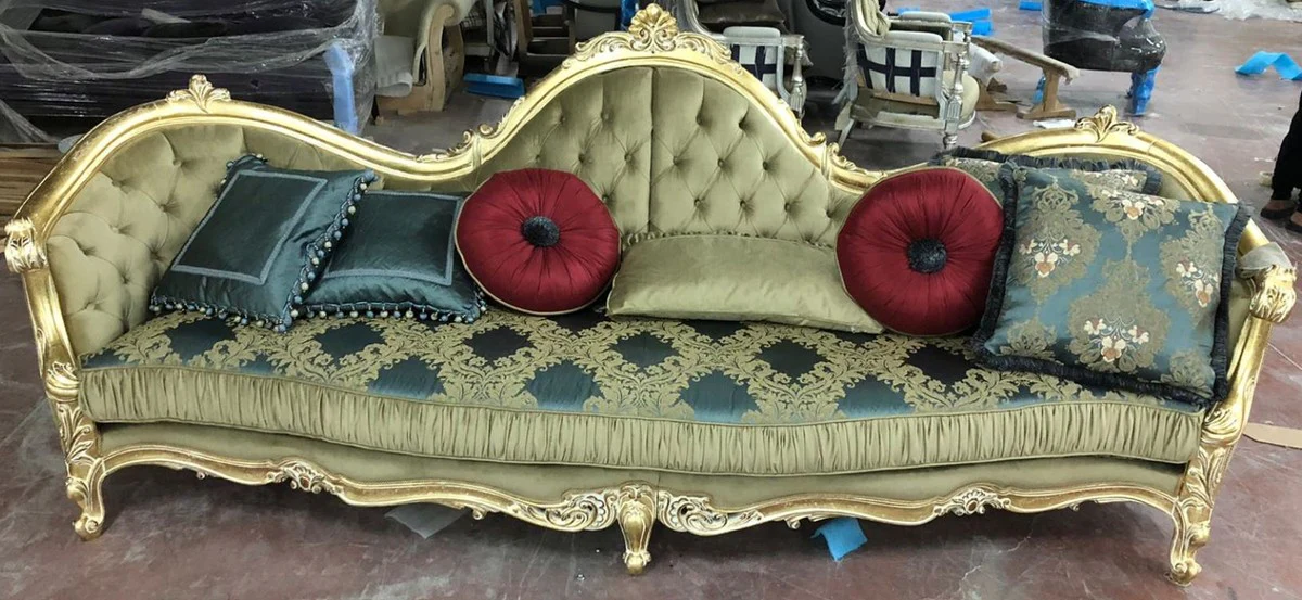 Luxury Baroque sofa green / gold 300 x 90 x H. 119 cm - Magnificent living room sofa with elegant pattern - Baroque furniture