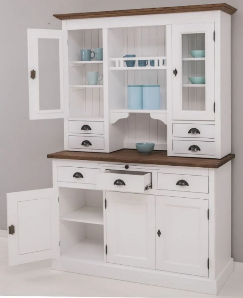 Country house style kitchen cabinet white / brown 138 x 50 x H. 197 cm - 2-part kitchen cabinet with 5 doors and 7 drawers - country house style kitchen furniture