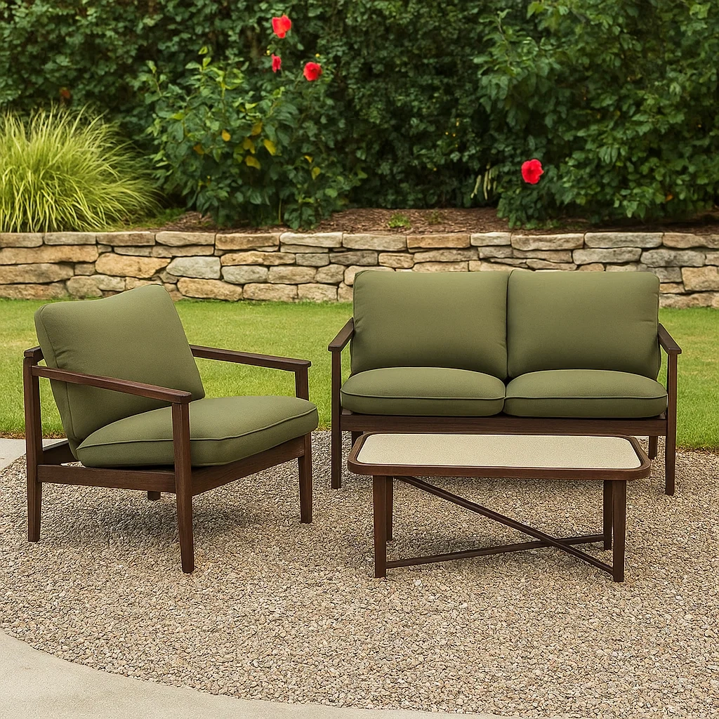 3-sitziges Gartenmöbelset aus braunem Metall mit olivgrünen Kissen, Doppelsofa 128x75x85 cm, Sessel 72x75x85 cm, Tisch 90x50x42 cm, für den Außenbereich auf Terrasse oder Balkon - NoxJfTKS7Tn0