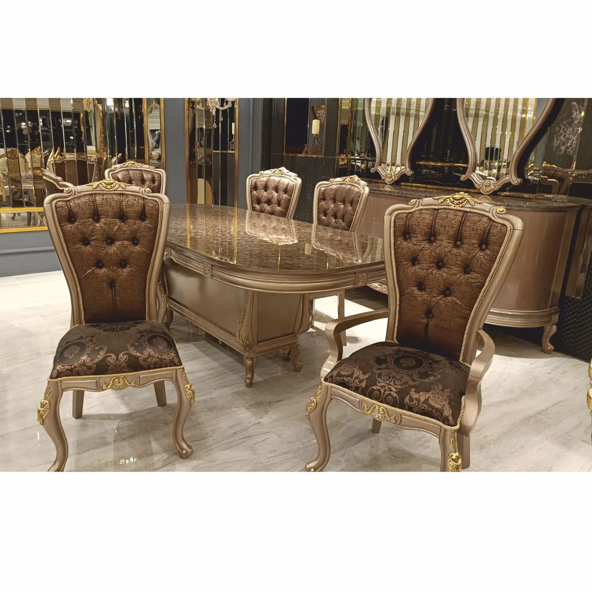 Luxury Baroque Dining Room Set Gray / Black / Gold - 1 Dining Table & 6 Chairs