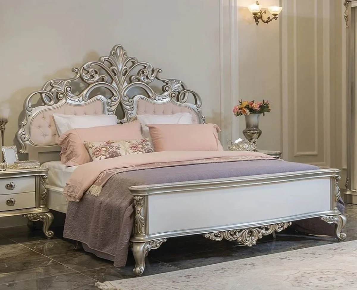 Luxury baroque double bed pink / white / silver 200 x 228 x H. 175 cm - Elegant solid wood bed with headboard - Magnificent bedroom furniture in the baroque style