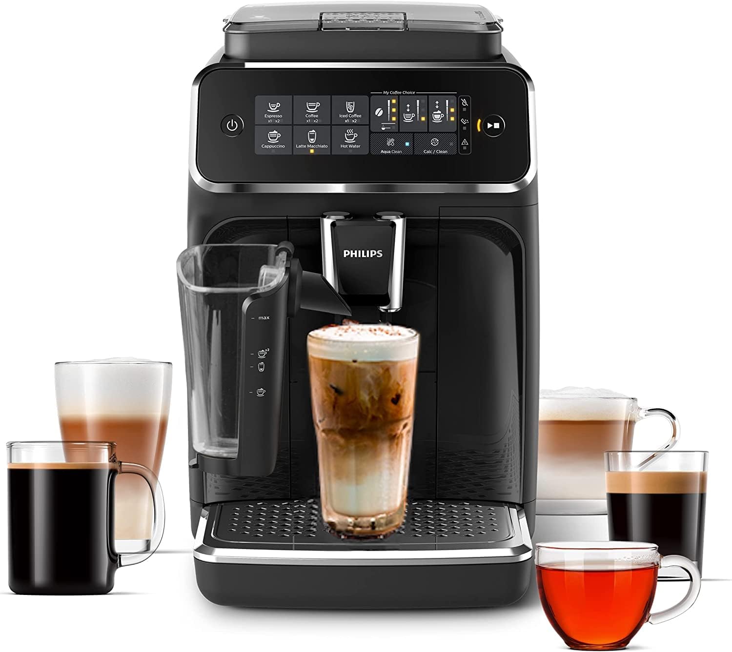 Philips 3200 Serie Vollautomatische Espressomaschine - LatteGo Milk Frother & Iced Coffee, 5 Kaffee Varianten, Intuitive Touch Display, Schwarz, (EP3241/74)