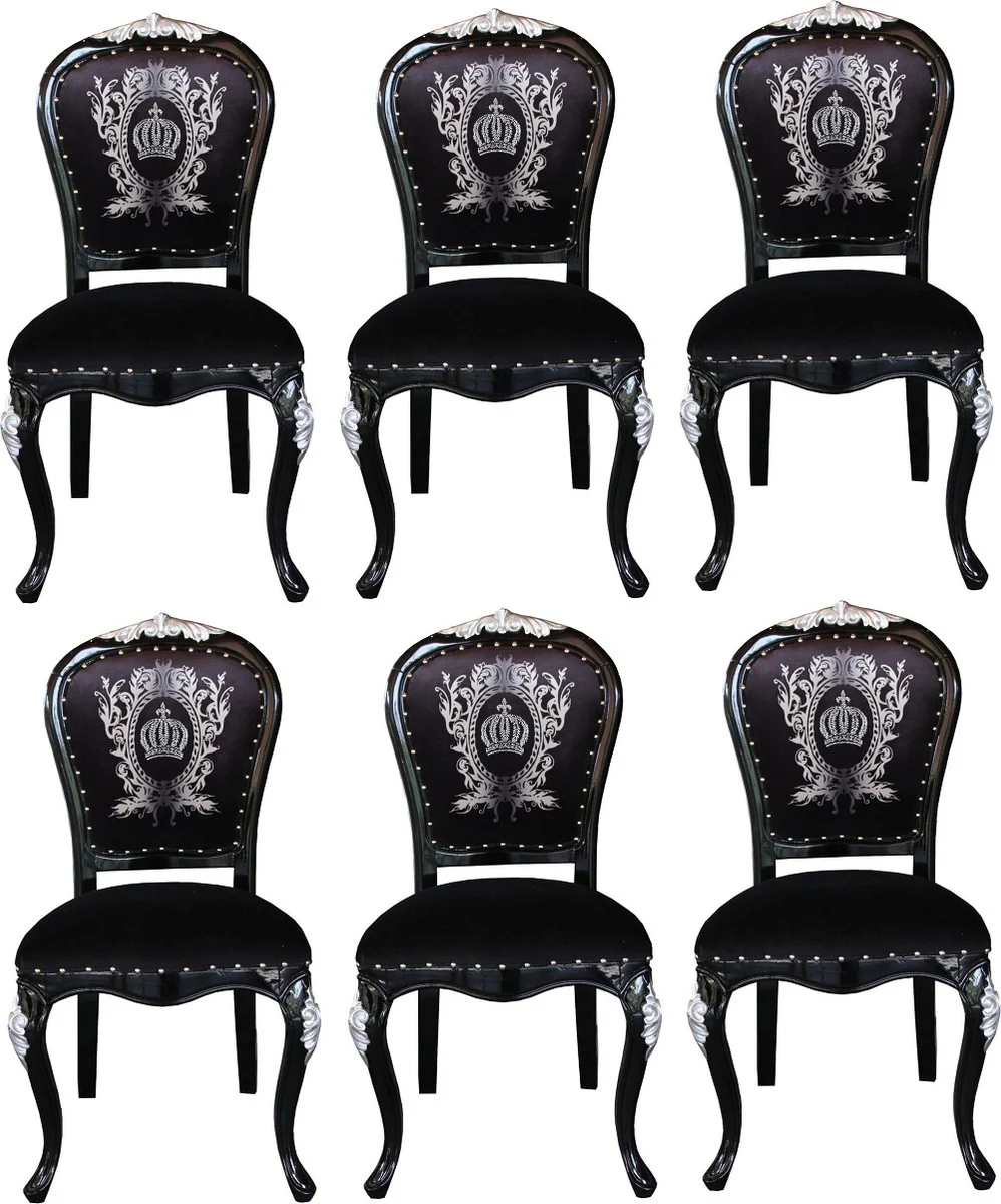 Pompöös by Luxury Baroque Dining Room Chairs with Crown Black / Silver - Pompöös Baroque Chairs designed by Harald Glööckler - 6 dining room chairs